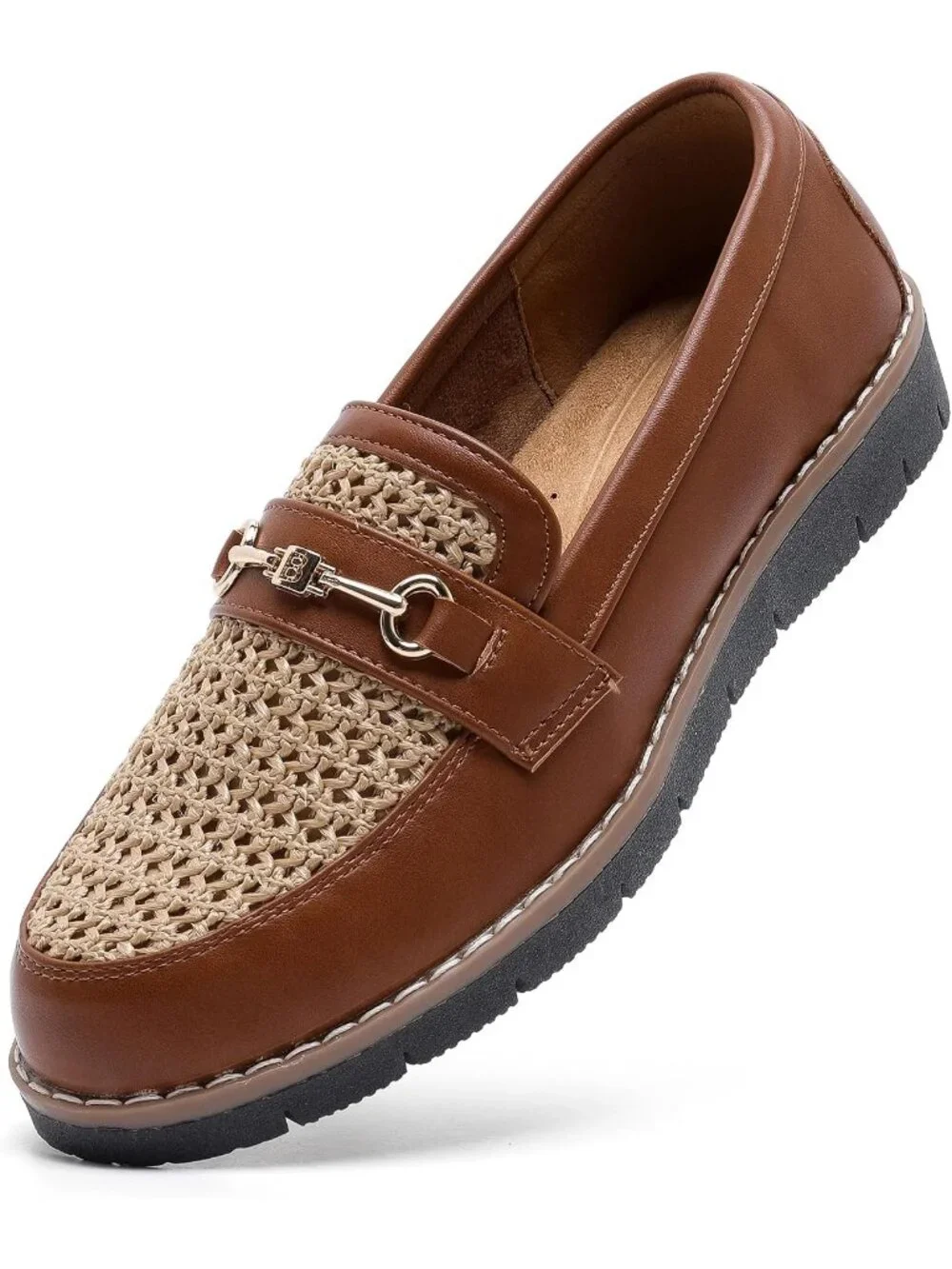 🆕Women's Brown Woven Round Toe Platform Chunky Heeled Loafers Business Shoes